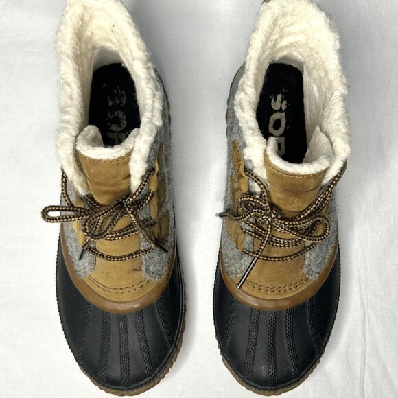 Sorel Out N About Boots Womens 8.5 Gray Tan Waterproof Duck Boot Faux Fur Sherpa - Picture 4 of 16